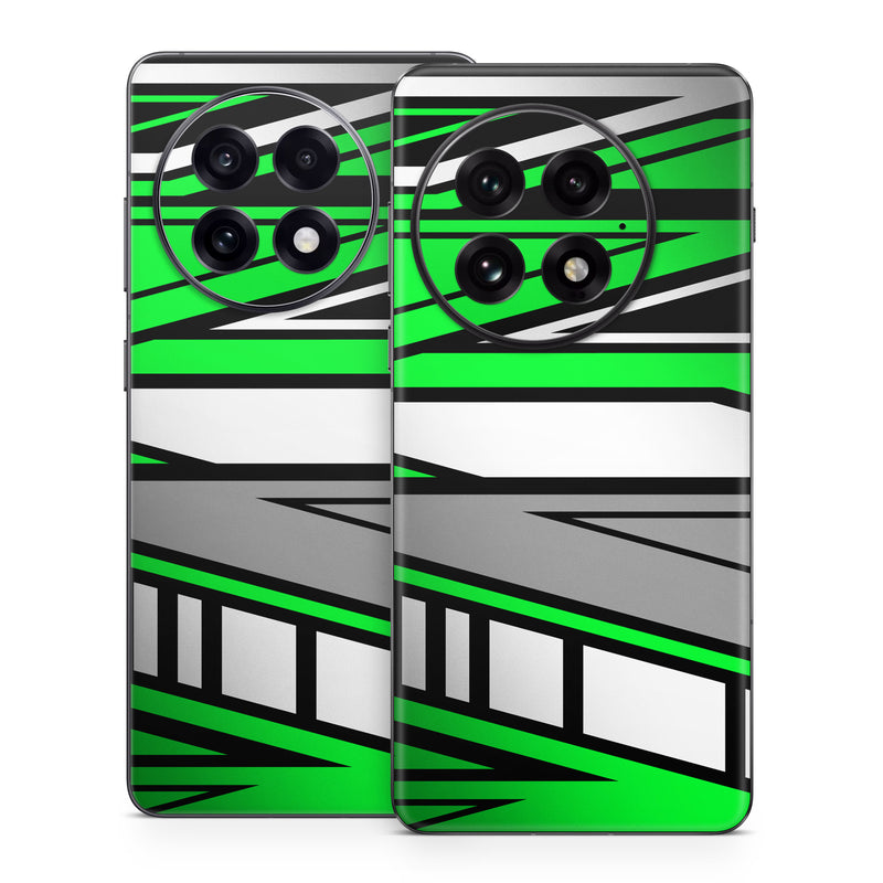 OnePlus 13 Series Skin design of Colorfulness, Green, Rectangle, Slope, Font, Line, Material property, Parallel, Tints and shades, Graphics, with black, green, white, gray colors