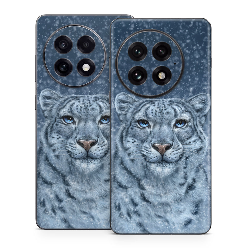 OnePlus 13 Series Skin design of Snow, Carnivore, Felidae, Whiskers, Terrestrial animal, Snout, Big cats, Painting, Fur, Illustration, with white, black, blue, gray colors