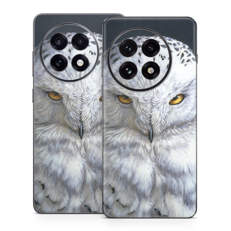 OnePlus 13 Series Skin design of Owl, Bird, Bird of prey, Snowy owl, great grey owl, Close-up, Eye, Snout, Wildlife, Eastern Screech owl, with gray, white, black, blue, purple colors