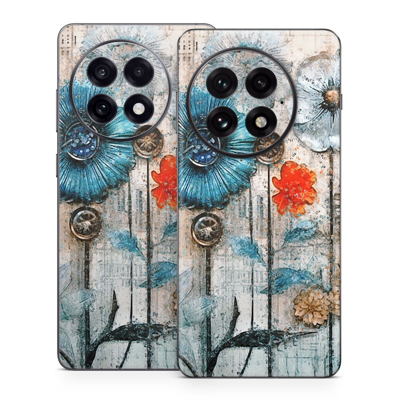 OnePlus 13 Series Skin design of Plant, Blue, Petal, Textile, Paint, Flower, Art, Creative arts, Pattern, Rectangle, with white, brown, black, yellow, blue, red, gray colors