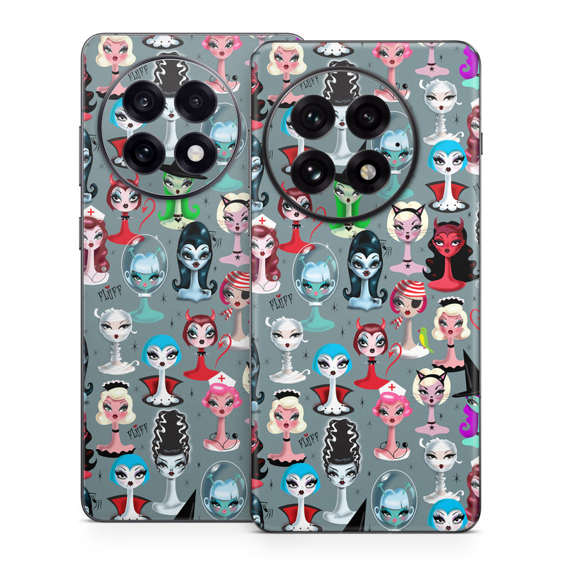 OnePlus 13 Series Skin design of Facial expression, Head, Design, Collection, Fictional character, Pattern, Skull, Illustration, Collage, Style, with gray, white, red, blue, green, black, pink, purple colors