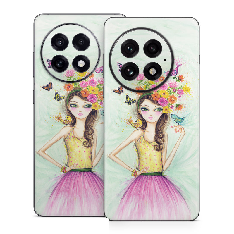 OnePlus 13 Series Skin design of Pink, Illustration, Fashion illustration, Watercolor paint, Fictional character, Dress, Hair accessory, Wildflower, Costume, Plant, with blue, pink, yellow, orange, purple, brown, green colors