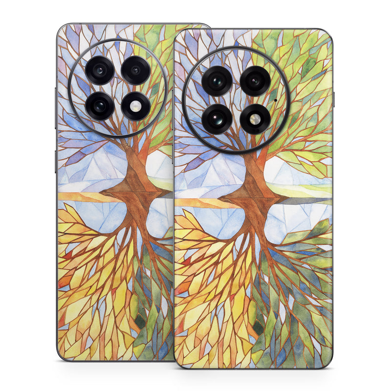 OnePlus 13 Series Skin design of Leaf, Tree, Botany, Plant, Symmetry, Art, Pattern, Painting, Plant stem, Plane, with blue, brown, orange, yellow, red, purple colors