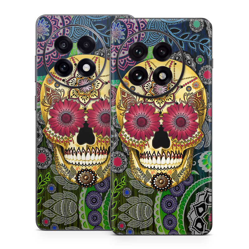 OnePlus 13 Series Skin design of Skull, Bone, Pattern, Psychedelic art, Visual arts, Design, Illustration, Art, Textile, Plant, with black, red, gray, green, blue colors