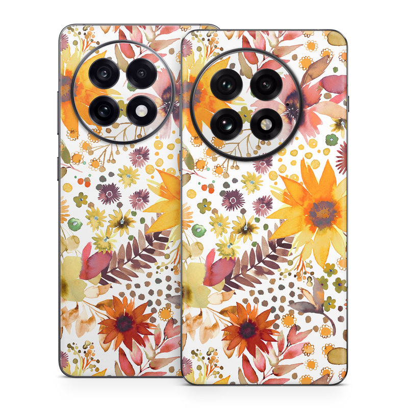 OnePlus 13 Series Skin design of Flower, Plant, Petal, Botany, Textile, Orange, Line, Groundcover, Creative arts, Flowering plant, with white, yellow, pink, green, brown, orange colors