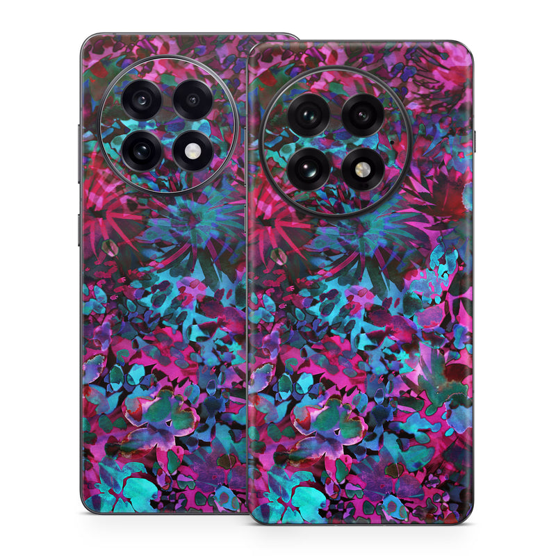 OnePlus 13 Series Skin design of Pink, Purple, Violet, Lilac, Flower, Leaf, Plant, Magenta, Botany, Pattern, with black, pink, purple, blue, green colors