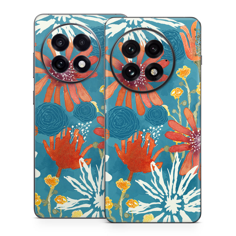 OnePlus 13 Series Skin design of Pattern, Visual arts, Wrapping paper, Design, Wildflower, Floral design, Textile, Flower, Plant, Motif, with blue, red, gray, yellow, green colors