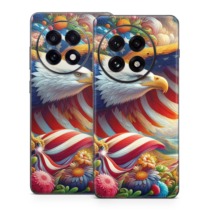 OnePlus 13 Series Skin design of Bird, Accipitridae, Beak, Wing, Bald eagle, Bird of prey, Eagle, Flag of the United States, Accipitriformes, Painting, with red, blue, white, yellow, orange, brown, green, gray colors
