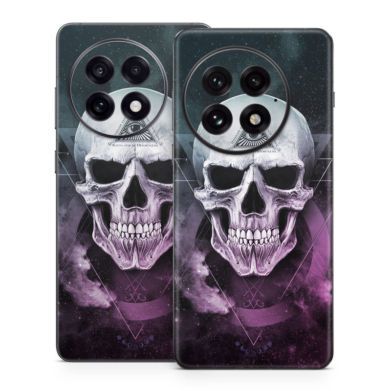 OnePlus 13 Series Skin design of Skull, Bone, Illustration, Font, Jaw, Fictional character, Graphic design, Graphics, Art, with black, white, gray, purple colors