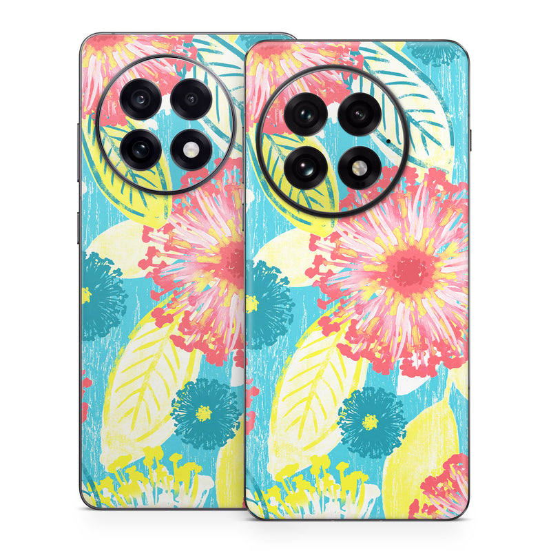 OnePlus 13 Series Skin design of Pattern, Design, Flower, Floral design, Plant, Textile, Wrapping paper, Wildflower, Visual arts, with pink, gray, blue, yellow colors