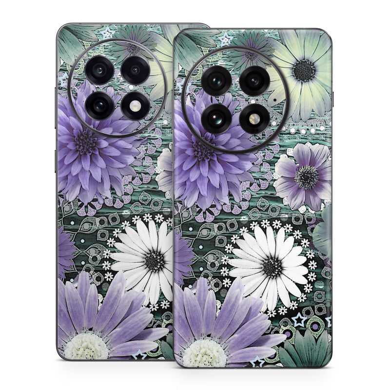 OnePlus 13 Series Skin design of Purple, Flower, african daisy, Pericallis, Plant, Violet, Lavender, Botany, Petal, Pattern, with gray, black, blue, purple, white colors