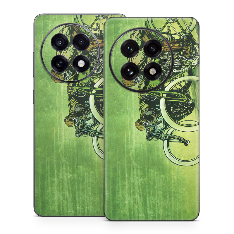 OnePlus 13 Series Skin design of Tire, Wheel, Bicycle, Bicycle tire, Automotive tire, Crankset, Bicycle handlebar, Motor vehicle, Bicycle wheel, Bicycle part, with green, gray, white, black, brown colors