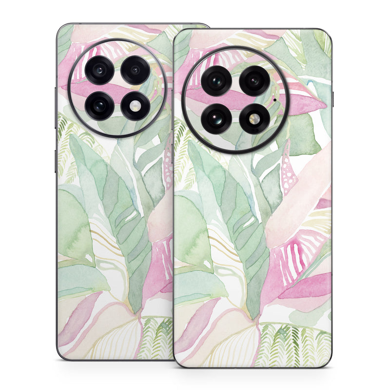 OnePlus 13 Series Skin design of Pink, Leaf, Botany, Pattern, Plant, Flower, Illustration, with white, green, pink, orange colors