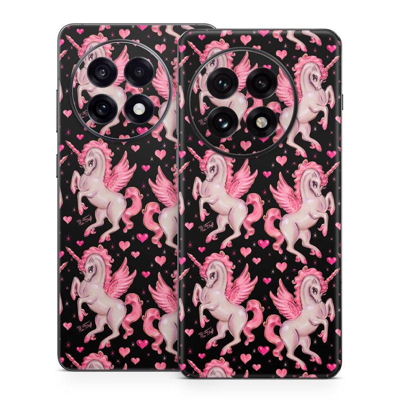 OnePlus 13 Series Skin design of Pink, Pattern, Fictional character, Design, Illustration, Font, Unicorn, Graphic design, Mythical creature, Art, with black, pink colors