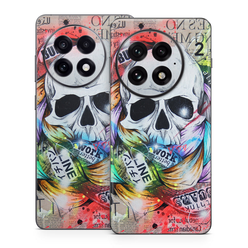OnePlus 13 Series Skin design of Street art, Text, Graphic design, Font, Illustration, Art, Graffiti, Skull, Poster, Advertising, with gray, black, red, green, blue colors