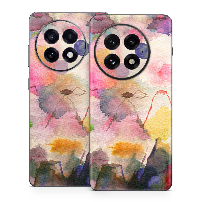 OnePlus 13 Series Skin design of Watercolor paint, Flower, Textile, Painting, Art, Plant, Pattern, Visual arts, Floral design, Paint, with white, pink, red, yellow, green, blue, black, orange colors