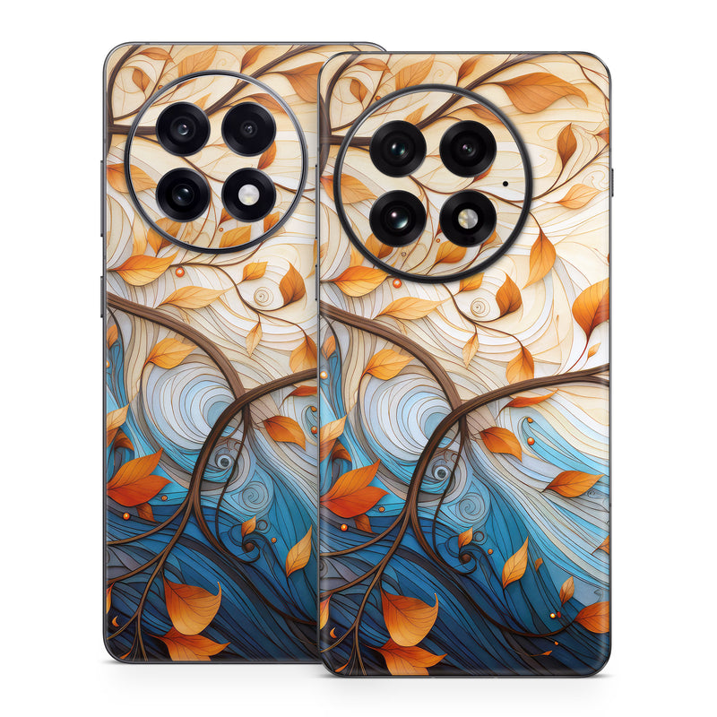 OnePlus 13 Series Skin design of Dishware, Orange, Textile, Sleeve, Serveware, Petal, Pattern, Porcelain, Electric blue, Art, with yellow, orange, red, white, blue, brown colors