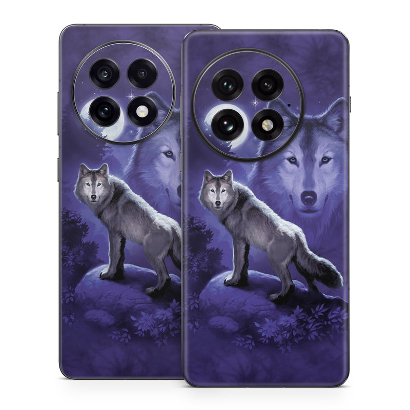 OnePlus 13 Series Skin design of Wolf, Canidae, canis lupus tundrarum, Canis, Wolfdog, Dog, Native american indian dog, Wildlife, Sakhalin husky, Moonlight, with blue, black, gray colors