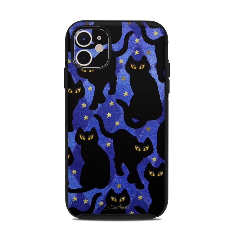 OtterBox Symmetry iPhone 11 Case Skin design of Black cat, Black, Cat, Small to medium-sized cats, Pattern, Felidae, Design, Electric blue, Illustration, Art, with black, blue, purple, yellow colors