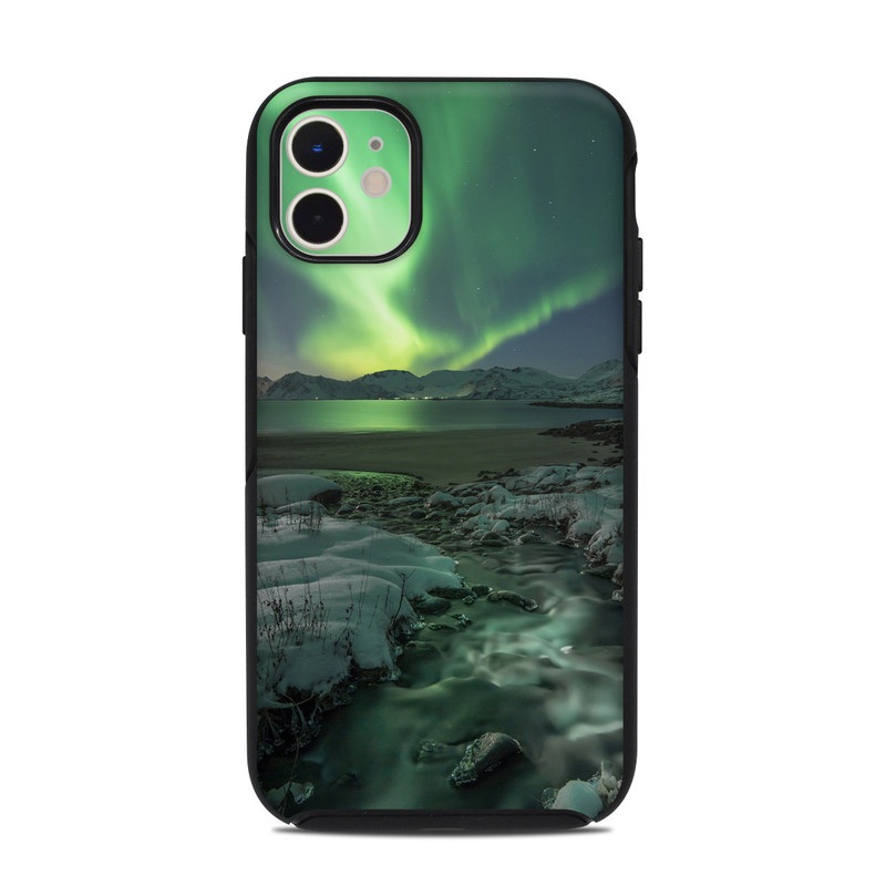 OtterBox Symmetry iPhone 11 Case Skin design of Nature, Aurora, Sky, Geological phenomenon, Water, Atmosphere, Space, Landscape, World, Glacier, with white, green, blue, black, gray colors