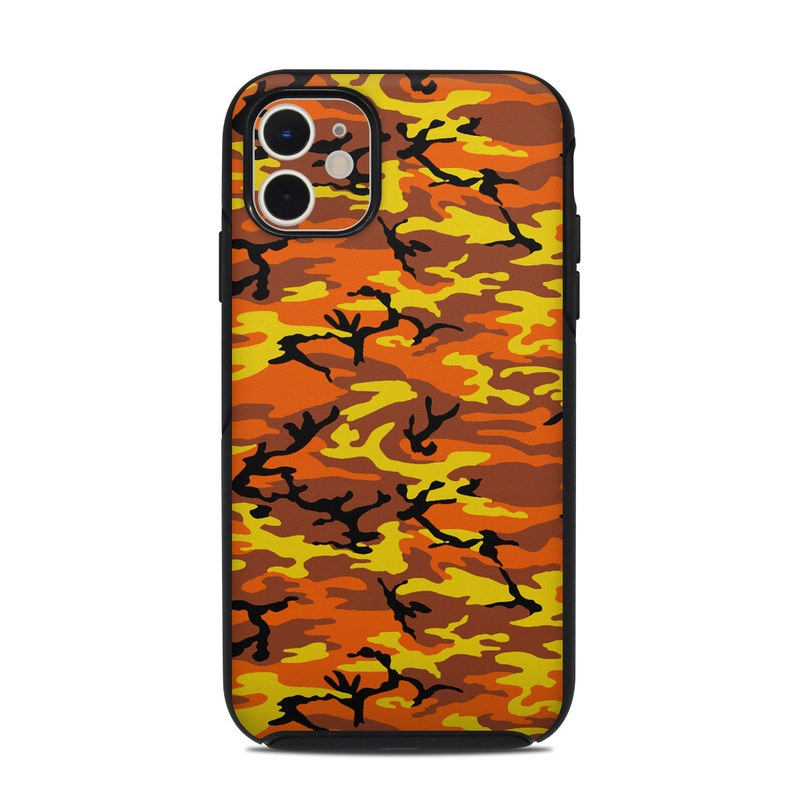 OtterBox Symmetry iPhone 11 Case Skin design of Military camouflage, Orange, Pattern, Camouflage, Yellow, Brown, Uniform, Design, Tree, Wildlife, with red, green, black colors