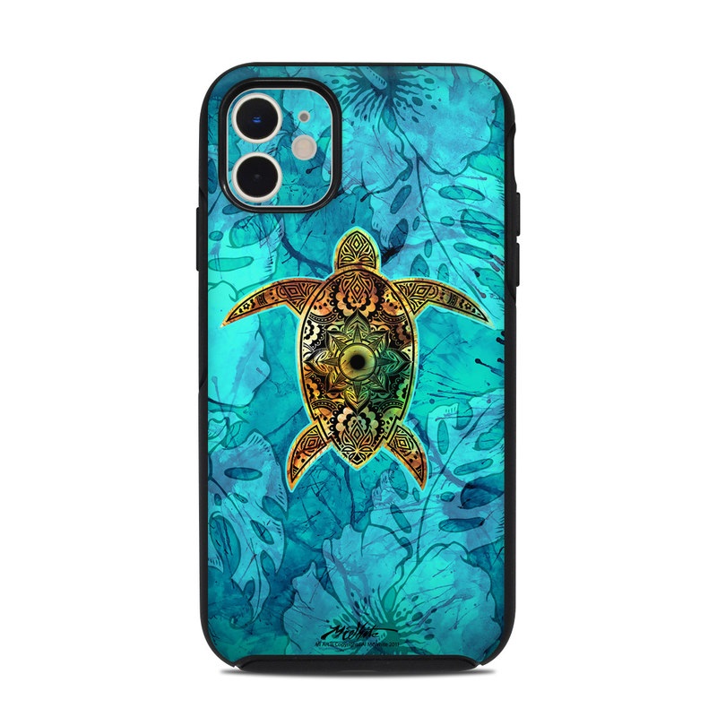 OtterBox Symmetry iPhone 11 Case Skin design of Sea turtle, Green sea turtle, Turtle, Hawksbill sea turtle, Tortoise, Reptile, Loggerhead sea turtle, Illustration, Art, Pattern, with blue, black, green, gray, red colors