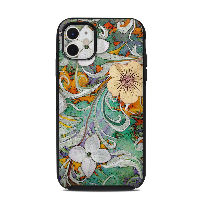OtterBox Symmetry iPhone 11 Case Skin design of Flower, Pattern, Plant, Wildflower, Floral design, Petal, Art, Painting, Visual arts, Wallpaper, with gray, black, green, blue, red colors
