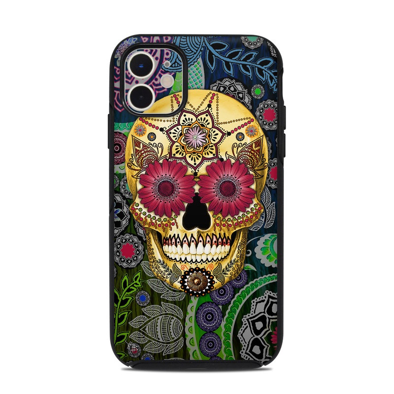 OtterBox Symmetry iPhone 11 Case Skin design of Skull, Bone, Pattern, Psychedelic art, Visual arts, Design, Illustration, Art, Textile, Plant, with black, red, gray, green, blue colors