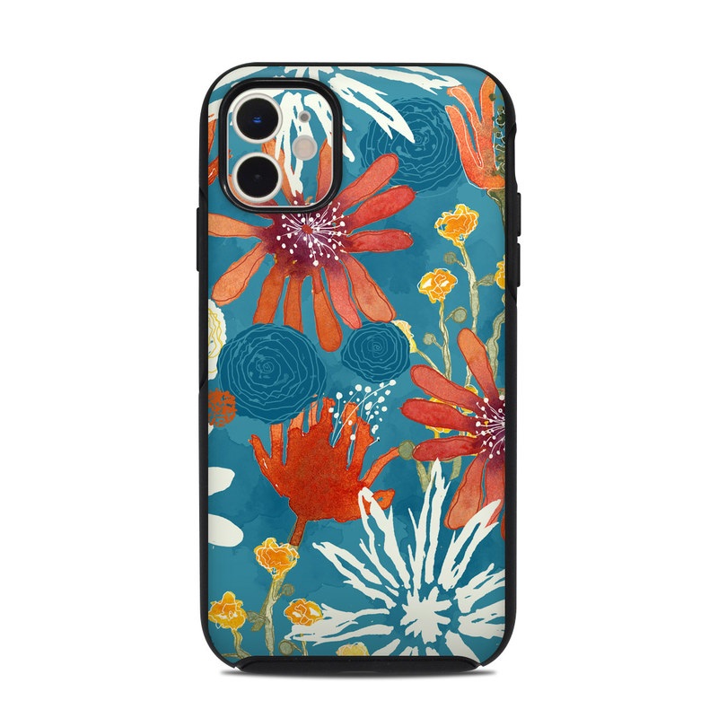 OtterBox Symmetry iPhone 11 Case Skin design of Pattern, Visual arts, Wrapping paper, Design, Wildflower, Floral design, Textile, Flower, Plant, Motif, with blue, red, gray, yellow, green colors