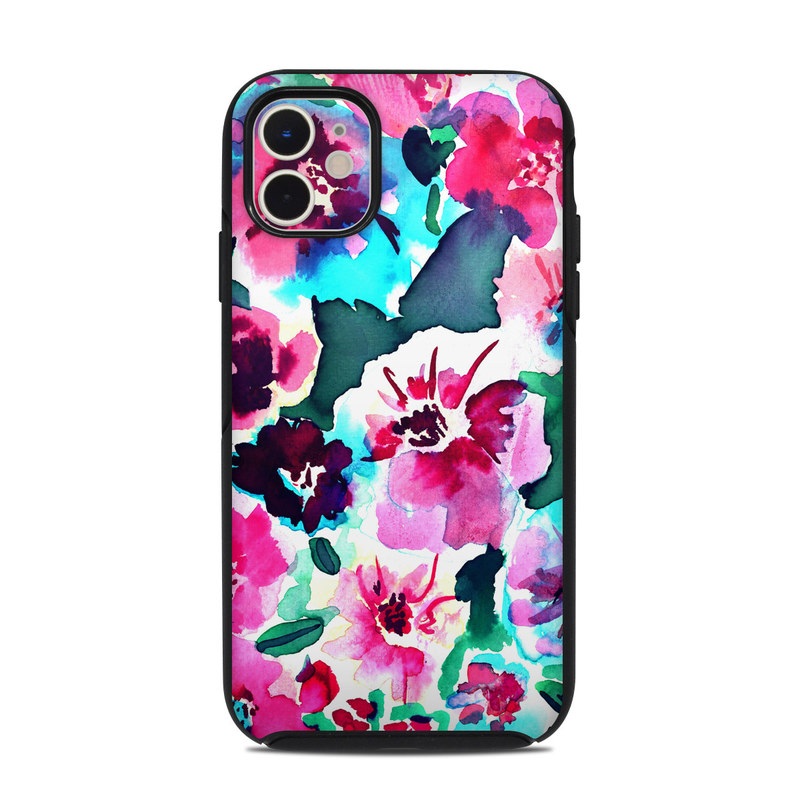 OtterBox Symmetry iPhone 11 Case Skin design of Flower, Pink, Petal, Plant, Pattern, Hawaiian hibiscus, Design, Magenta, Flowering plant, Watercolor paint, with white, pink, blue, green, red colors