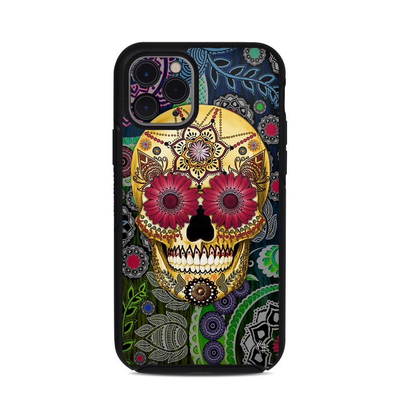 OtterBox Symmetry iPhone 11 Pro Case Skin design of Skull, Bone, Pattern, Psychedelic art, Visual arts, Design, Illustration, Art, Textile, Plant, with black, red, gray, green, blue colors