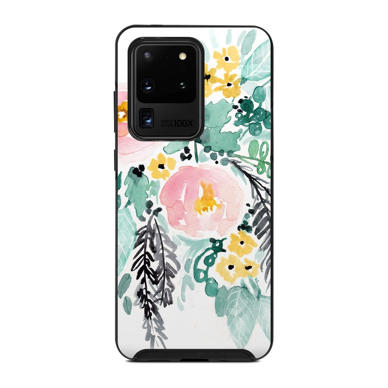 OtterBox Symmetry Galaxy S20 Ultra Case Skin design of Branch, Clip art, Watercolor paint, Flower, Leaf, Botany, Plant, Illustration, Design, Graphics, with green, pink, red, orange, yellow colors