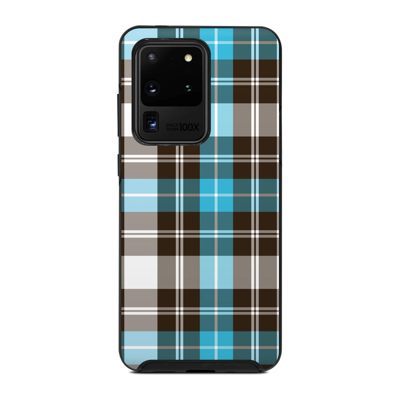 OtterBox Symmetry Galaxy S20 Ultra Case Skin design of Plaid, Pattern, Tartan, Turquoise, Textile, Design, Brown, Line, Tints and shades, with gray, black, blue, white colors
