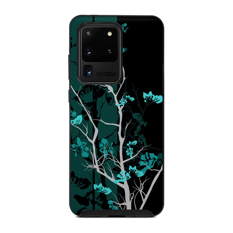 OtterBox Symmetry Galaxy S20 Ultra Case Skin design of Branch, Black, Blue, Green, Turquoise, Teal, Tree, Plant, Graphic design, Twig with black, blue, gray colors