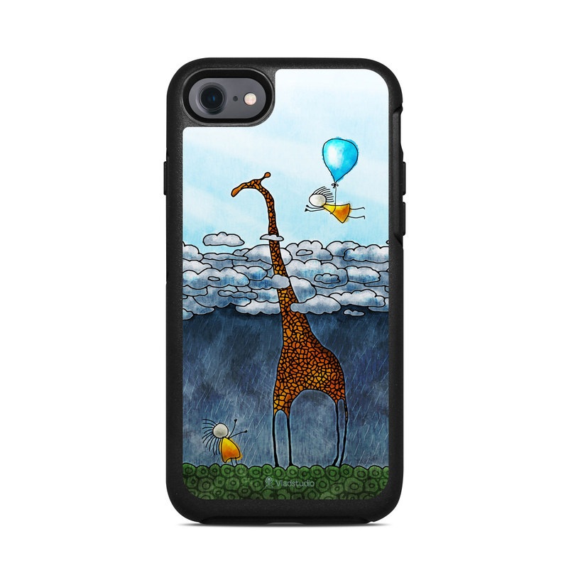 OtterBox Symmetry iPhone 8 Case Skin design of Giraffe, Sky, Tree, Water, Branch, Giraffidae, Illustration, Cloud, Grassland, Bird, with blue, gray, yellow, green colors