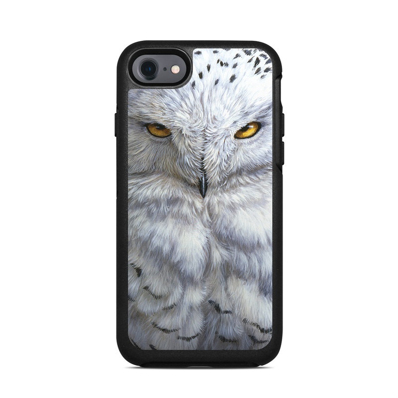 OtterBox Symmetry iPhone 8 Case Skin design of Owl, Bird, Bird of prey, Snowy owl, great grey owl, Close-up, Eye, Snout, Wildlife, Eastern Screech owl, with gray, white, black, blue, purple colors