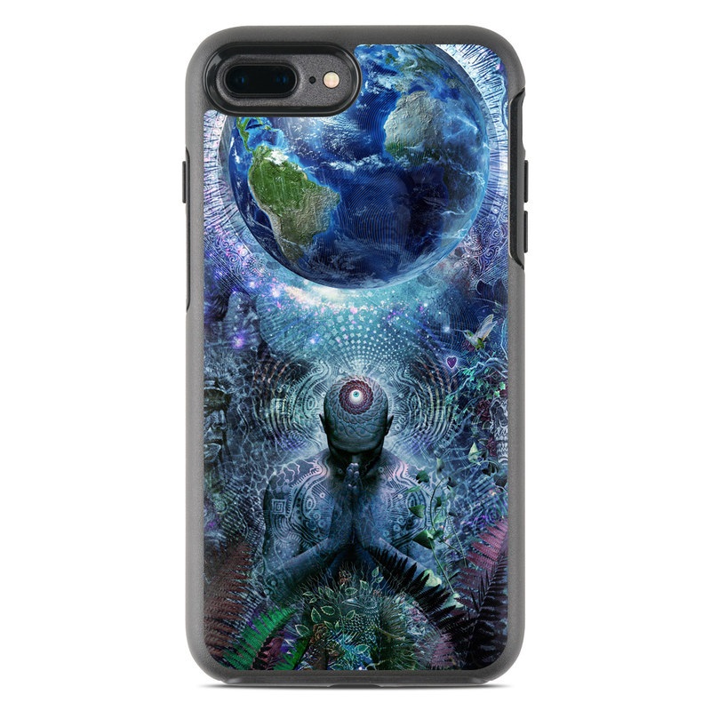 OtterBox Symmetry iPhone 8 Plus Case Skin design of Psychedelic art, Fractal art, Art, Space, Organism, Earth, Sphere, Graphic design, Circle, Graphics, with blue, green, gray, purple, pink, black, white colors