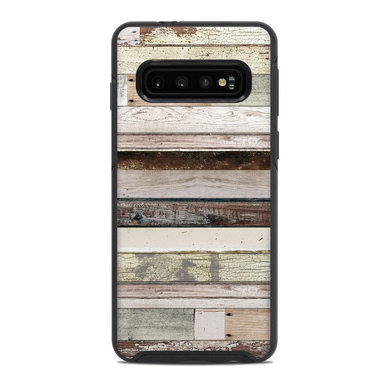 OtterBox Symmetry Galaxy S10 Case Skin design of Wood, Wall, Plank, Line, Lumber, Wood stain, Beige, Parallel, Hardwood, Pattern, with brown, white, gray, yellow colors