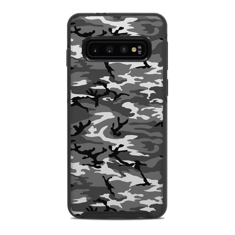 OtterBox Symmetry Galaxy S10 Case Skin design of Military camouflage, Pattern, Clothing, Camouflage, Uniform, Design, Textile, with black, gray colors