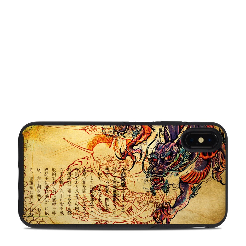 OtterBox Symmetry iPhone XS Max Case Skin design of Illustration, Fictional character, Art, Demon, Drawing, Visual arts, Dragon, Supernatural creature, Mythical creature, Mythology with black, green, red, gray, pink, orange colors