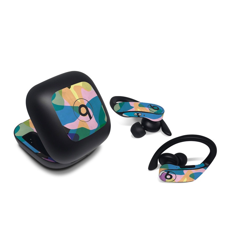 Beats Powerbeats Pro Skin design of Azure, Paint, Textile, Organism, Art, Painting, Aqua, Font, Rectangle, Tints and shades, with blue, green, pink, yellow, orange, purple, gray colors