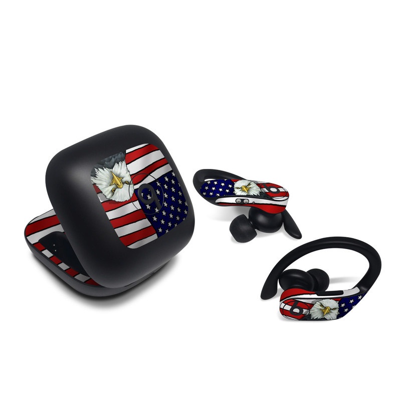 Beats Powerbeats Pro Skin design of Bald eagle, Eagle, Bird, Bird of prey, Accipitridae, Beak, Accipitriformes, Sea eagle, Flag, with white, gray, blue, yellow, red colors