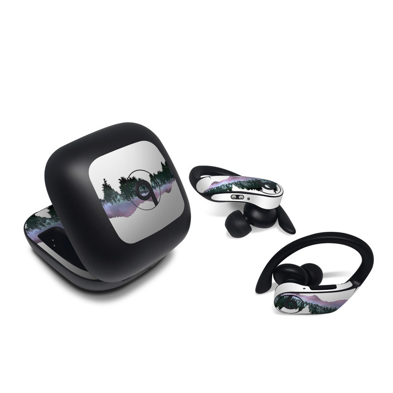 Beats Powerbeats Pro Skin design of Nature, Mountainous landforms, Mountain, Atmospheric phenomenon, Tree, Wilderness, Sky, Mountain range, Forest, Hill, with white, black, purple, blue, green colors