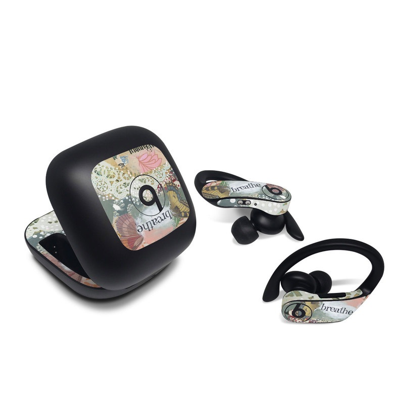Beats Powerbeats Pro Skin design of Butterfly, Moths and butterflies, Insect, Pollinator, Organism, Illustration, Brush-footed butterfly, Art, Fictional character, Wildflower, with pink, brown, white, black, red, blue, green colors