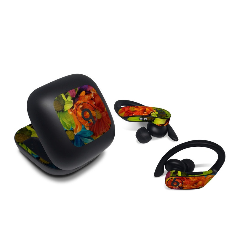 Beats Powerbeats Pro Skin design of Flower, Petal, Orange, Cut flowers, Yellow, Plant, Bouquet, Floral design, Flowering plant, Gerbera, with red, green, black, blue colors