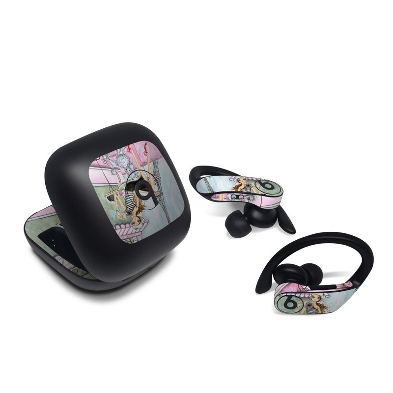 Beats Powerbeats Pro Skin design of Pink, Illustration, Sitting, Konghou, Watercolor paint, Fashion illustration, Art, Drawing, Style, with gray, purple, blue, black, pink colors