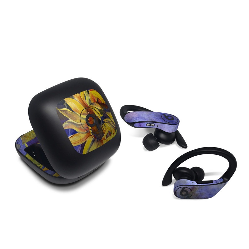 Beats Powerbeats Pro Skin design of Flower, Sunflower, Painting, sunflower, Watercolor paint, Plant, Flowering plant, Yellow, Acrylic paint, Still life, with green, black, blue, gray, red, orange colors