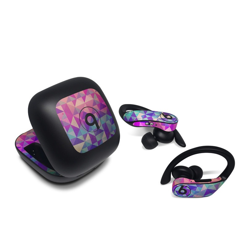 Beats Powerbeats Pro Skin design of Pattern, Purple, Triangle, Violet, Magenta, Line, Design, Symmetry, Psychedelic art, with gray, purple, green, blue, pink colors