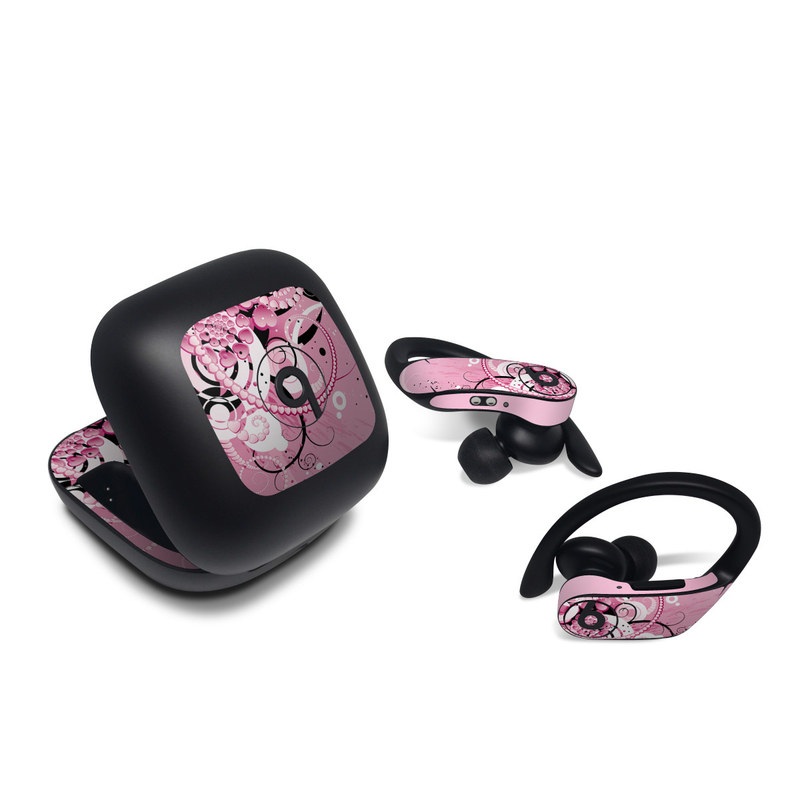 Beats Powerbeats Pro Skin design of Pink, Floral design, Graphic design, Text, Design, Flower Arranging, Pattern, Illustration, Flower, Floristry, with pink, gray, black, white, purple, red colors