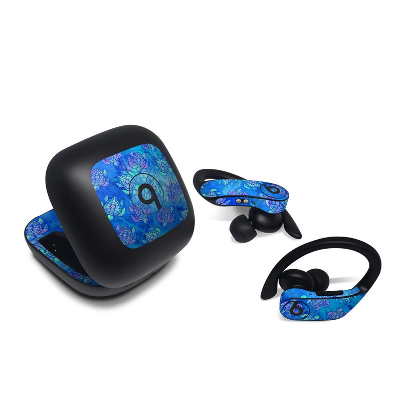 Beats Powerbeats Pro Skin design of Blue, Pattern, Organism, Design, Sea turtle, Plant, Electric blue, Hydrangea, Flower, Symmetry, with blue, green, purple colors